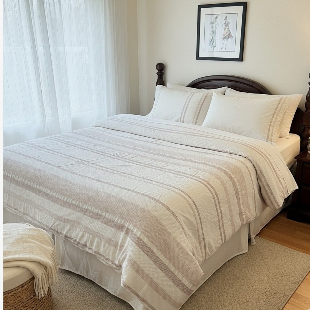 Hotel Collection Linen Cotton Duvet Cover Full Queen Beige Taupe Stripe Textured